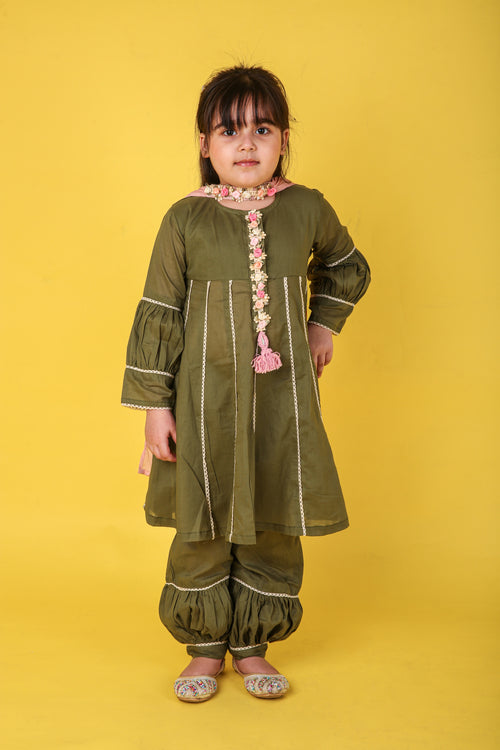 Green Cotton Anarkali with Balloon Pajama and Pure Shifton Dupatta