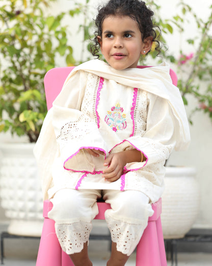 Cotton Kurta cum Frock Style embroided Suite with front Short, back Long Trouser