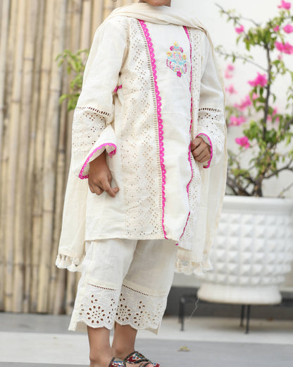 Cotton Kurta cum Frock Style embroided Suite with front Short, back Long Trouser