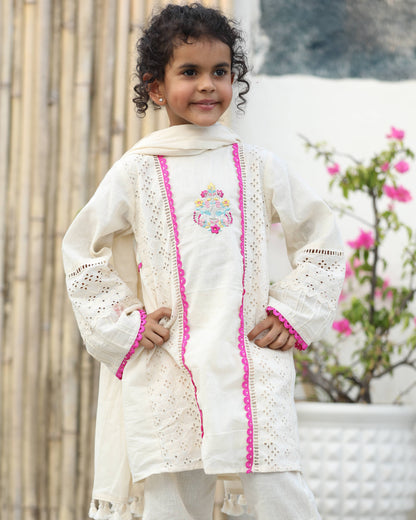 Cotton Kurta cum Frock Style embroided Suite with front Short, back Long Trouser