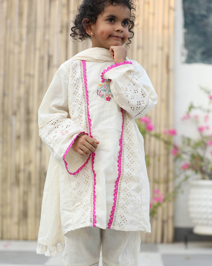 Cotton Kurta cum Frock Style embroided Suite with front Short, back Long Trouser