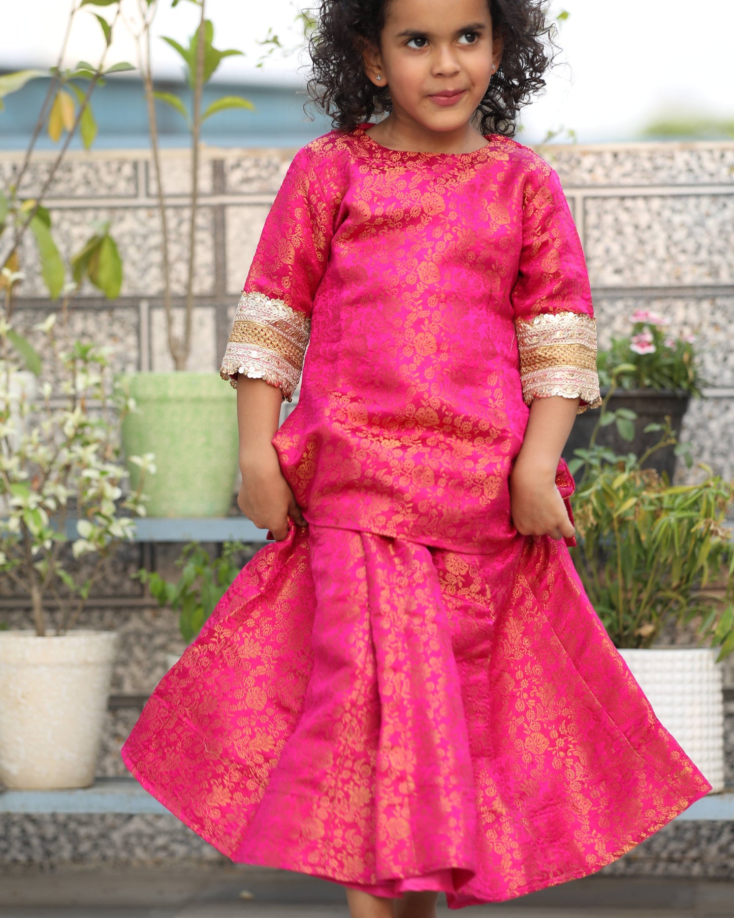 Magenta Pink Banarsi Long Kurti Lahenga Set