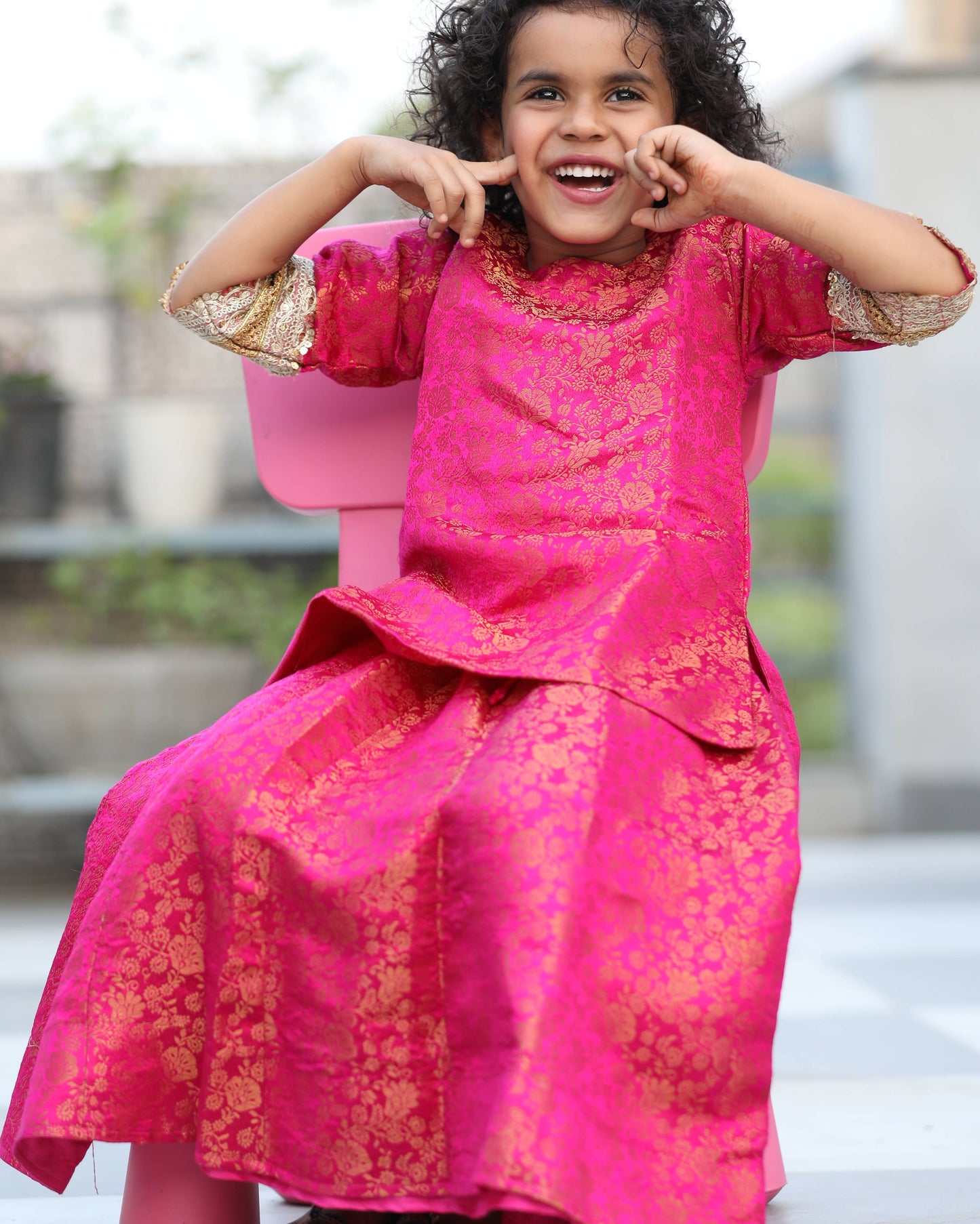 Magenta Pink Banarsi Long Kurti Lahenga Set