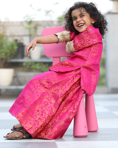 Magenta Pink Banarsi Long Kurti Lahenga Set