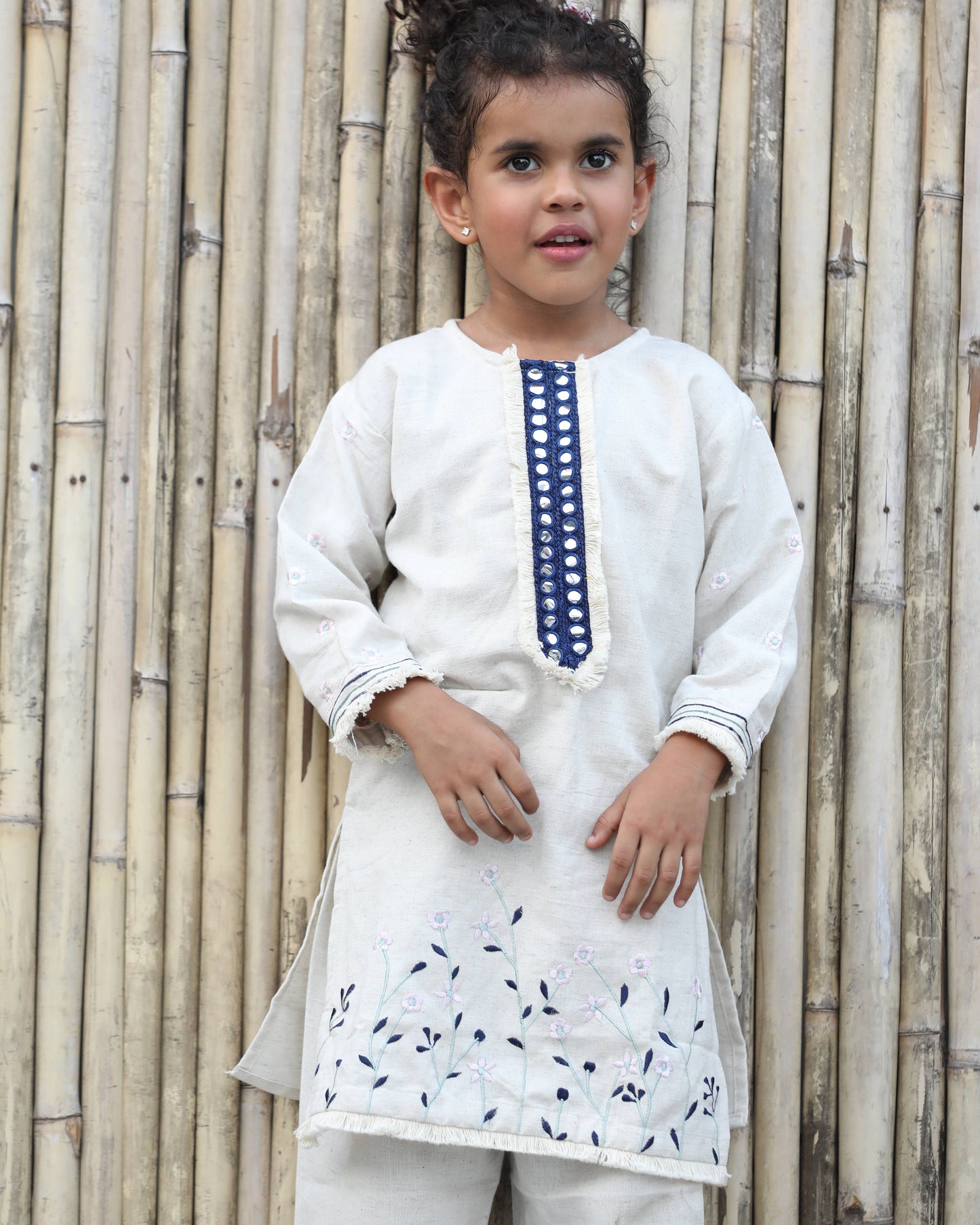 Blue Khadi Floral Embroided Kurta Set