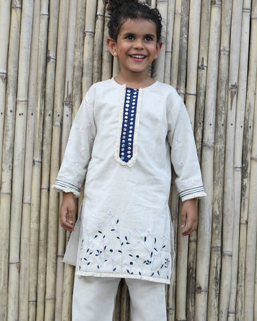 Blue Khadi Floral Embroided Kurta Set