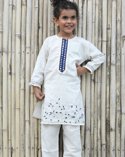 Blue Khadi Floral Embroided Kurta Set