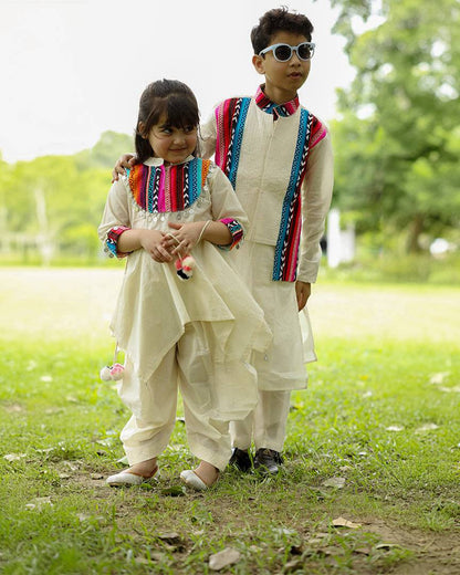 Afghan Gulabi Boys Kurta with Jacket and Pajama Set