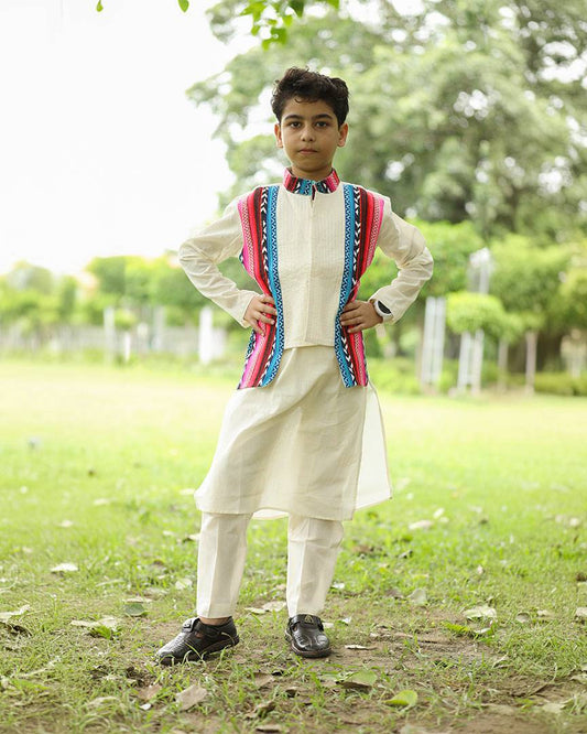 Afghan Gulabi Boys Kurta with Jacket and Pajama Set