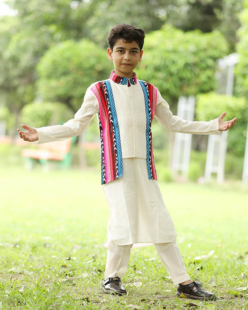 Afghan Gulabi Boys Kurta with Jacket and Pajama Set