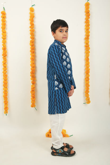 Neel Jaipuri Pure Cotton Kurta with Half Jacket & Trouser - Boys