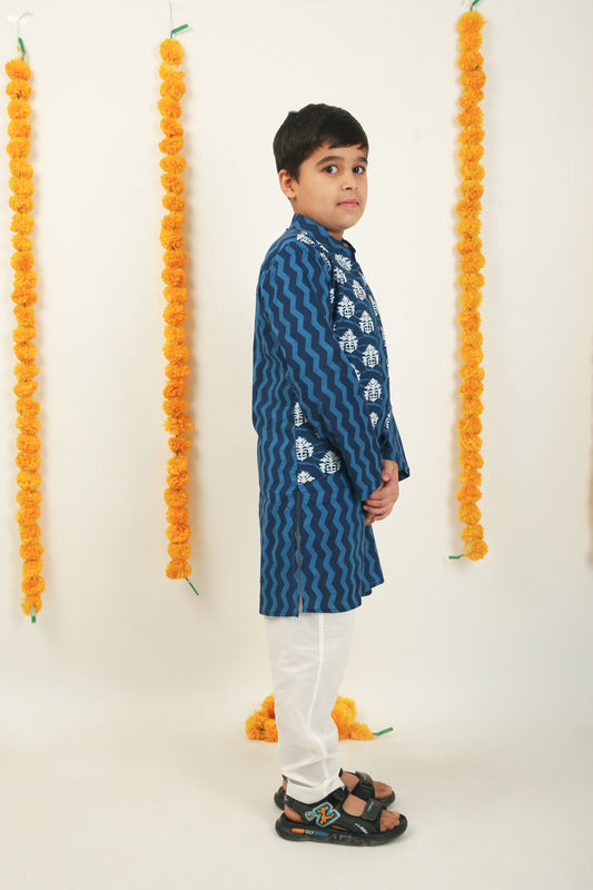 Neel Jaipuri Pure Cotton Kurta with Half Jacket & Trouser - Boys