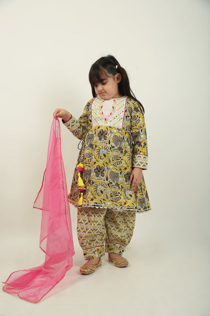 Jaipuri Sarron Pure Cotton Party Frock with Afghani Shalwar - Girls