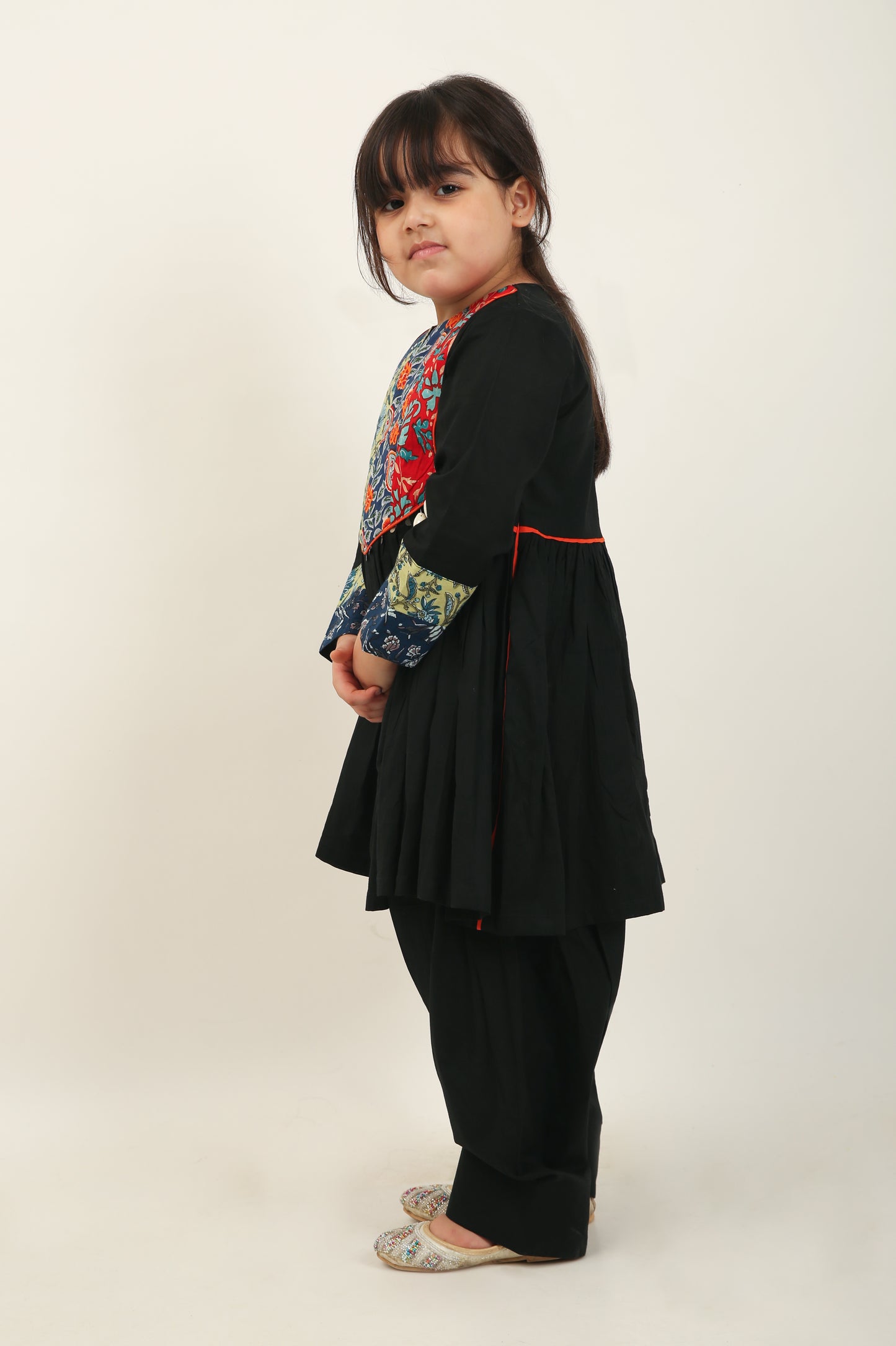 Black Jaipuri Kurta with Farshi Shalwar - Girls