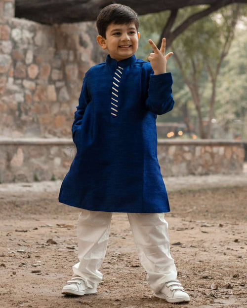 Madhuri Blue Khadi Silk Kurta with Cotton Pajama set for Boys