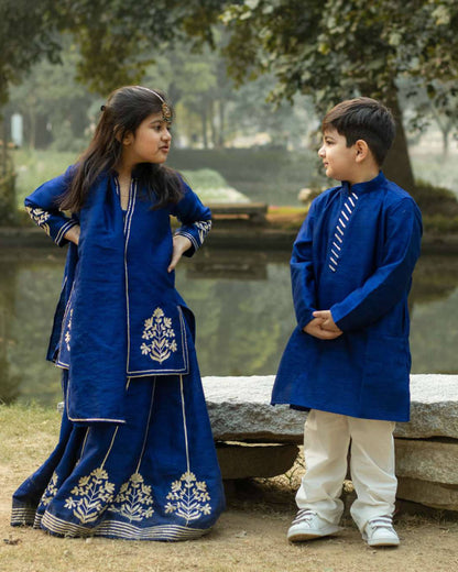 Madhuri Blue Khadi Silk Kurta with Cotton Pajama set for Boys