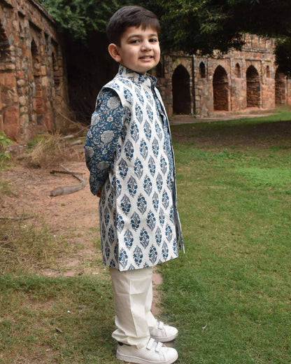 Jaipuri Print Cotton Kurta with long jacket |Boys|