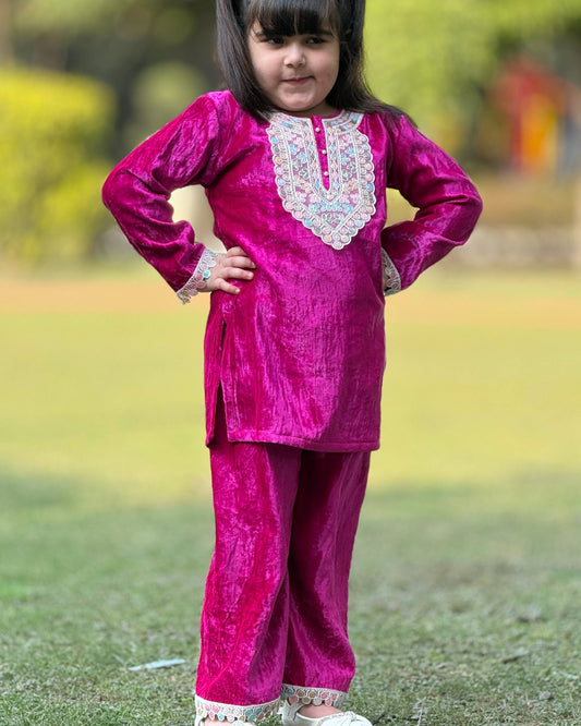 Velvet Embroidery Kurta & Salwar (Magenta)