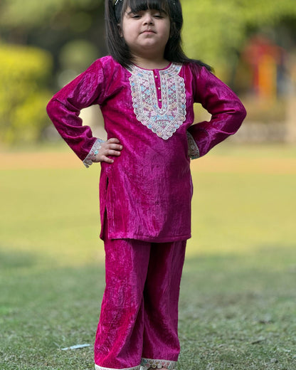 Velvet Embroidery Kurta & Salwar (Magenta)