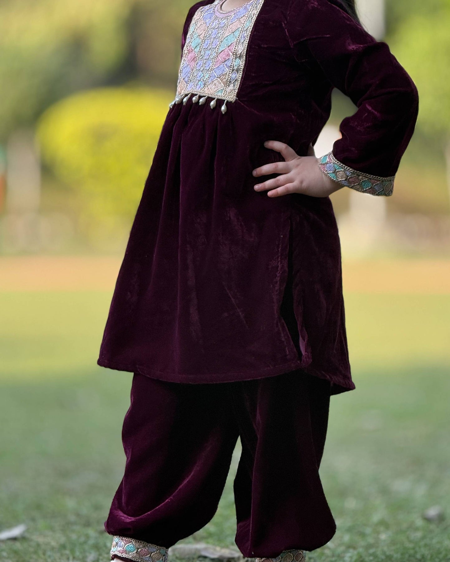 Burgundy Velvet Embroidery Kurta & Salwar