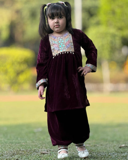 Burgundy Velvet Embroidery Kurta & Salwar