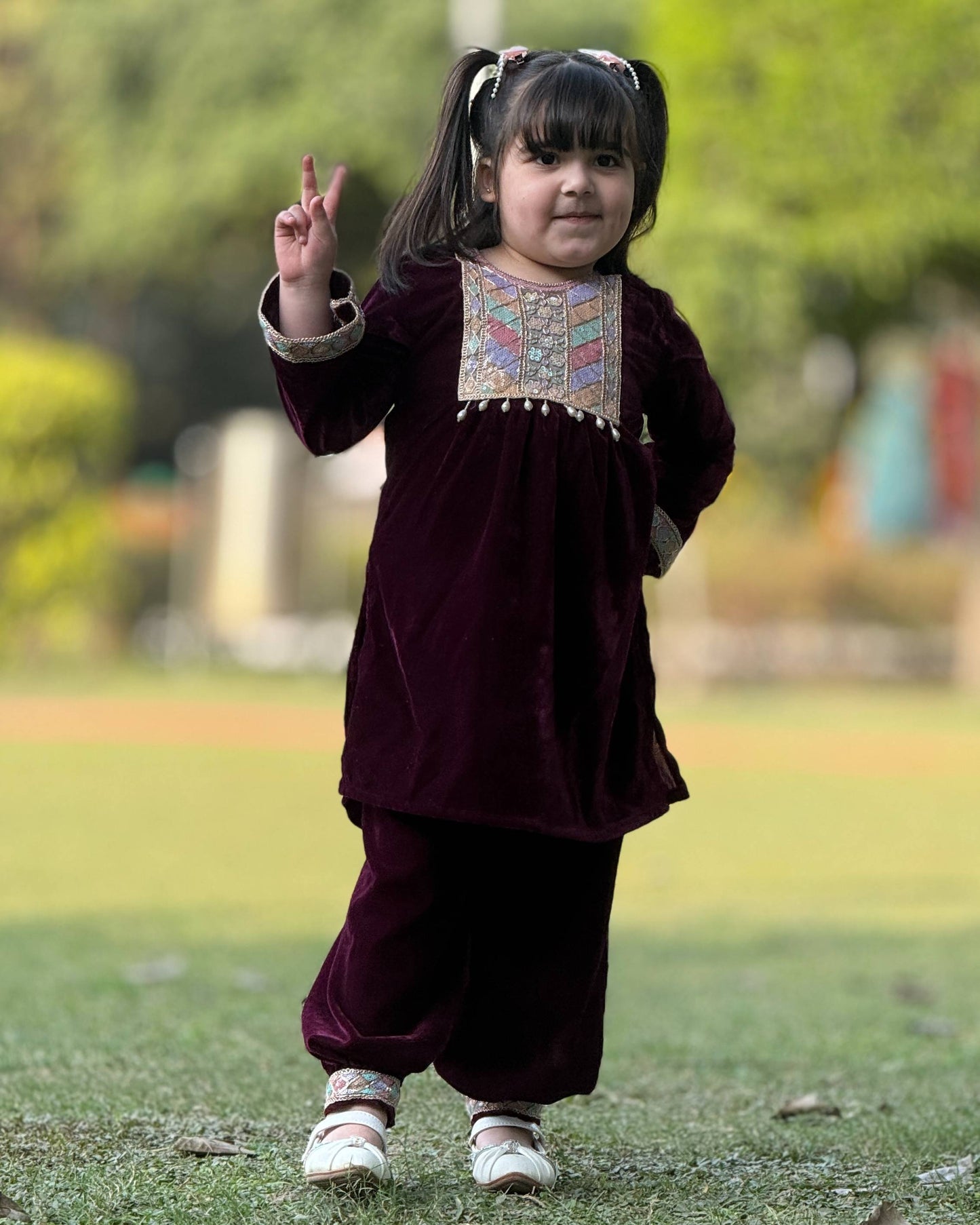 Burgundy Velvet Embroidery Kurta & Salwar