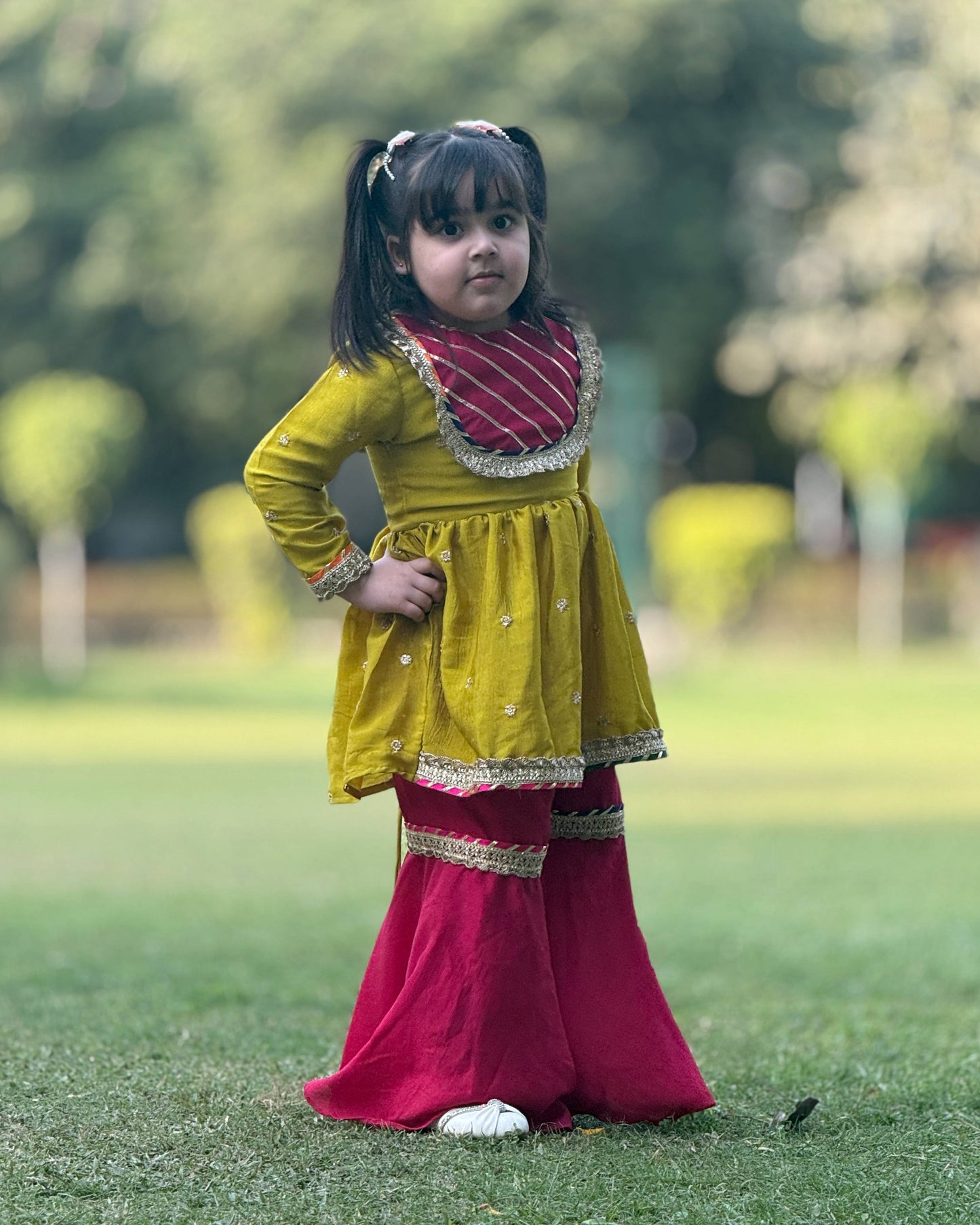 Green & Magenta Kameez with Flared Sharara