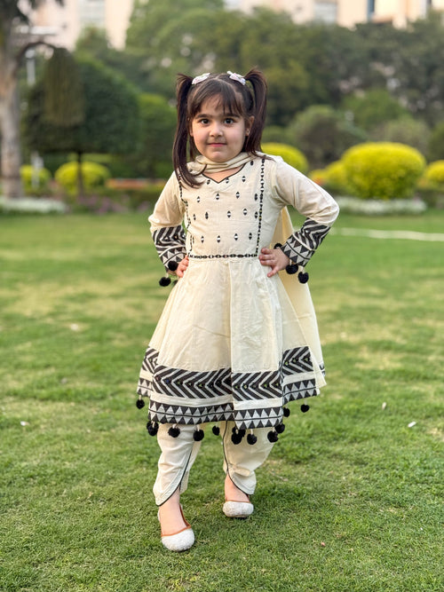 Afghan Siyah Mirror Embroidery Frock with Dhoti Set for Girls