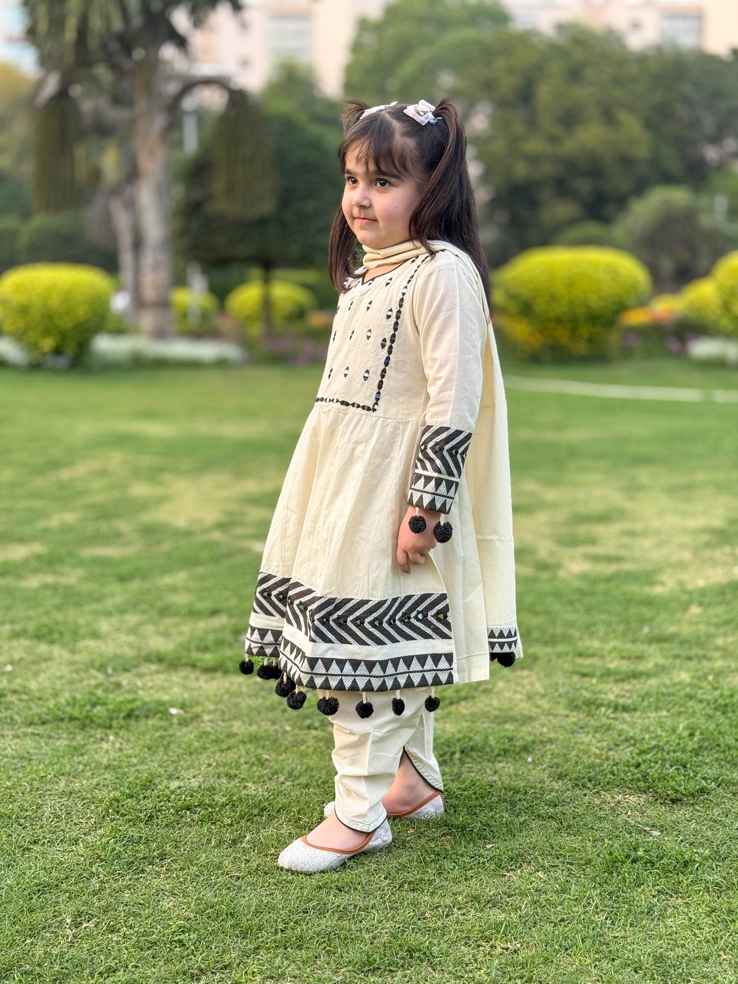 Afghan Siyah Mirror Embroidery Frock with Dhoti Set for Girls