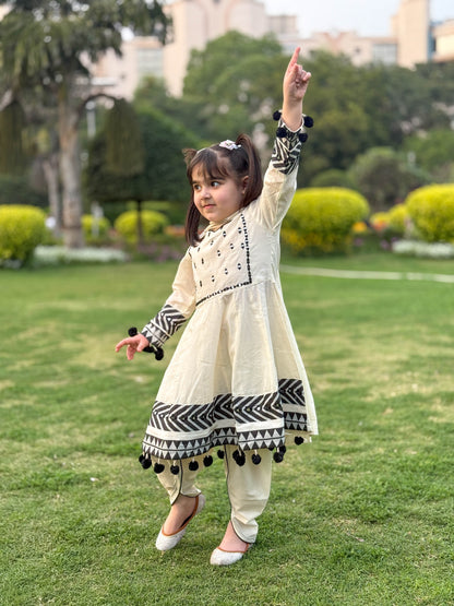 Afghan Siyah Mirror Embroidery Frock with Dhoti Set for Girls