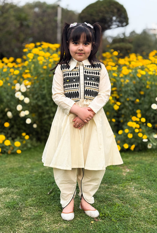 Black Afghan Jacket Frock with Dhoti Set for Girls