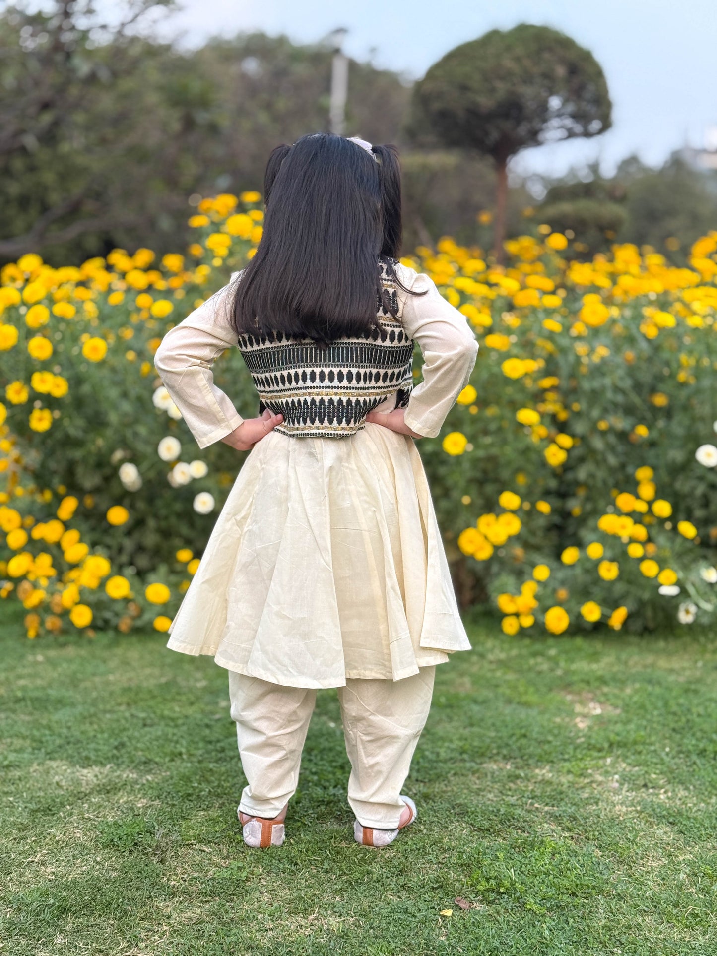 Black Afghan Jacket Frock with Dhoti Set for Girls