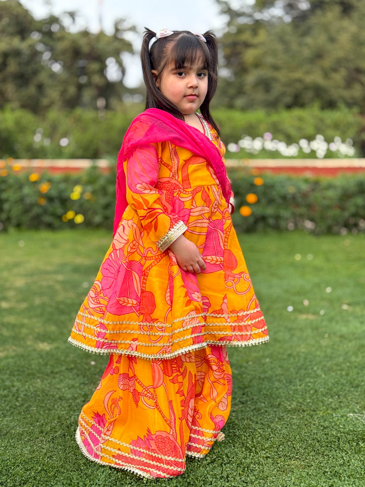 Narangi Sharara with Pink Shiffon Dupatta for Girls