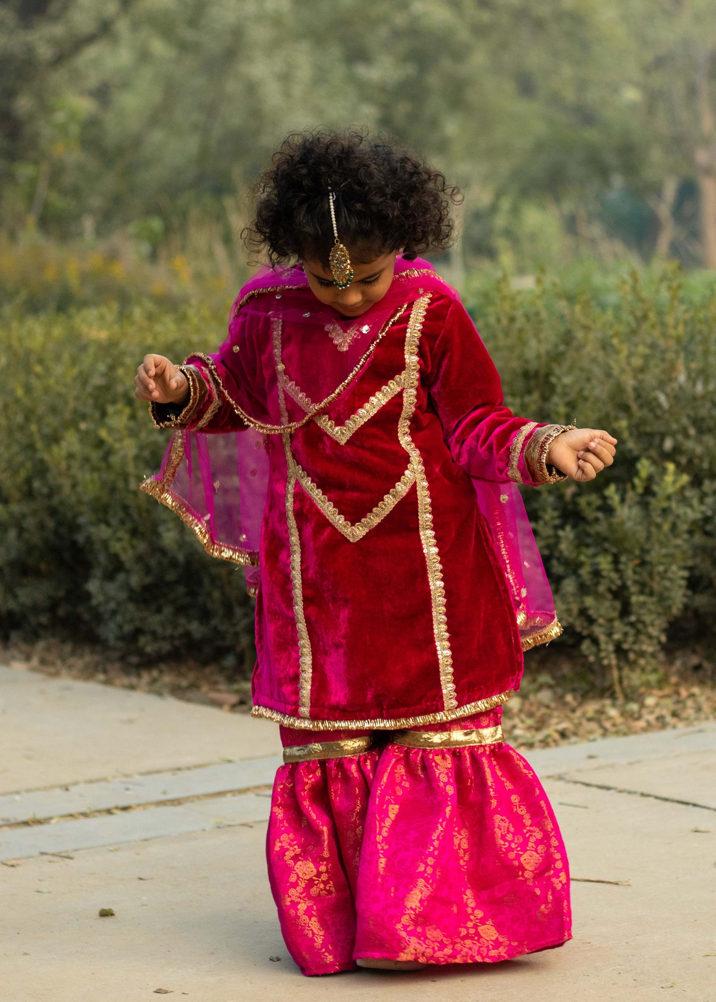 Rani Pink Velvet Banarsi Gharara Set