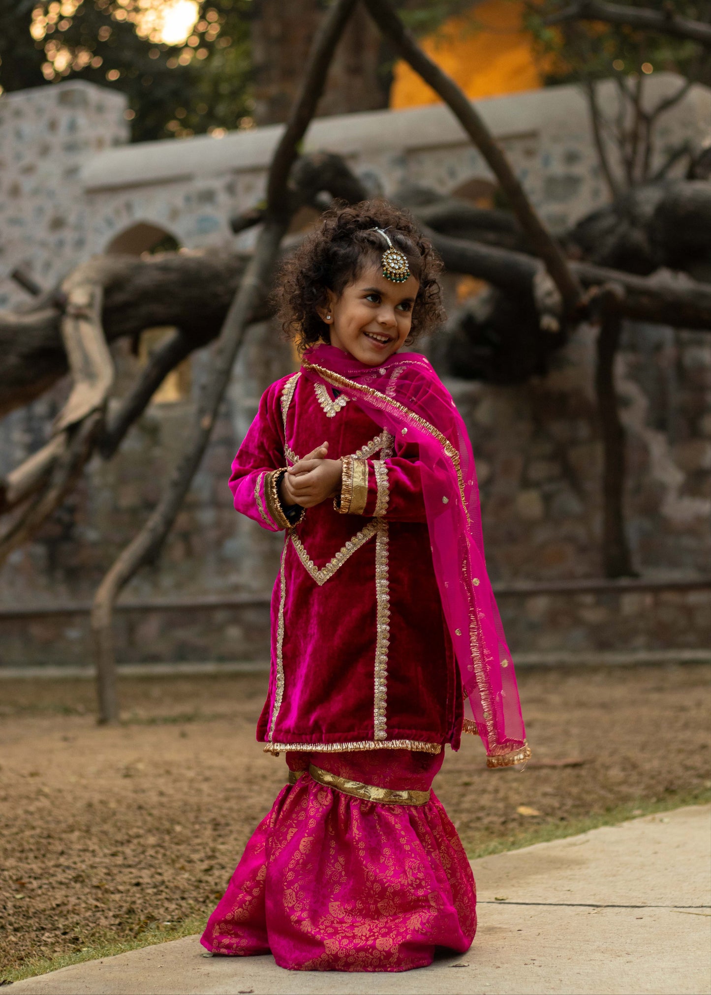 Rani Pink Velvet Banarsi Gharara Set